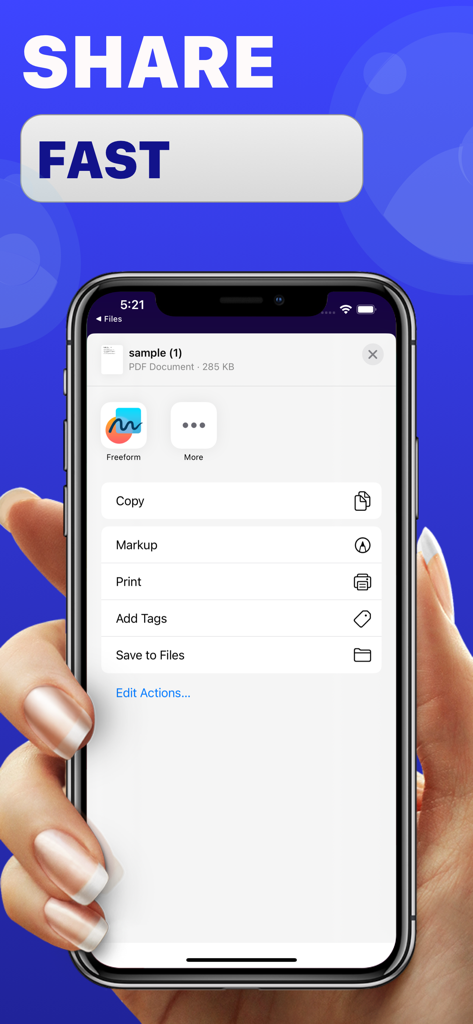 コピー、印刷、またはファイルに保存するオプションが表示された圧縮済みPDFドキュメントの共有メニューが表示されているiPhone