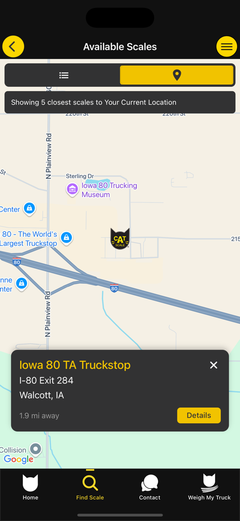Kartenansicht der CAT Scale Locator App, die den Standort der nächstgelegenen Waage am Iowa 80 TA Truckstop zeigt