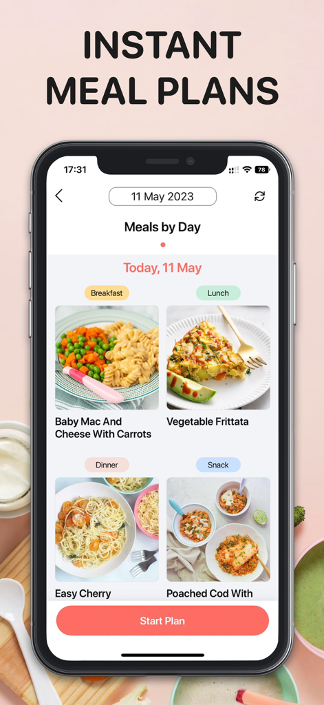 BLW Meals: Baby Led Weaning - A mobile screen showing the BLW Meals app with instant daily meal plans for baby led weaning including breakfast lunch and dinner