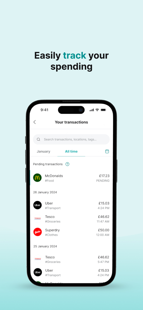 Jaja Credit Card - Interface de l'application Carte de crédit Jaja montrant une liste des transactions récentes et le suivi des dépenses.
