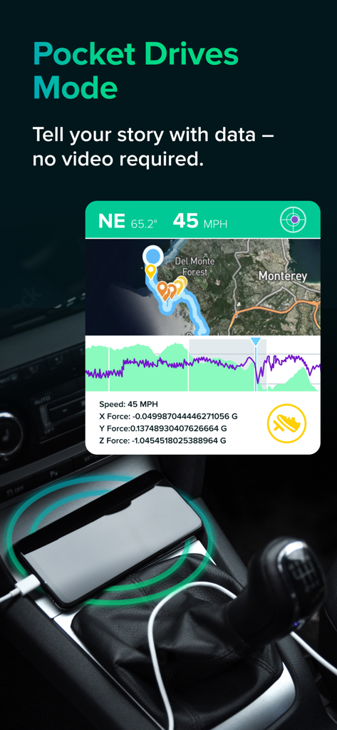 Screenshot of the Driver app Pocket Drives Mode showing telemetry data like speed and G-force on a map.