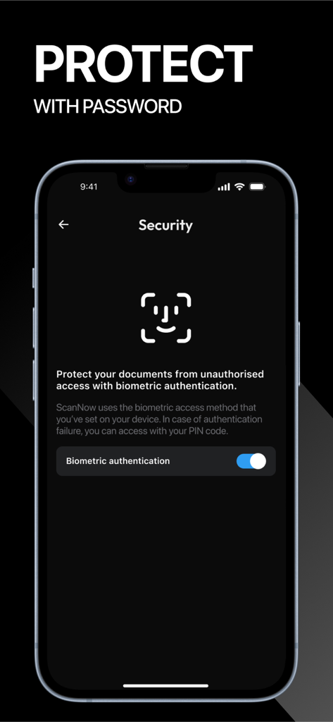 ScanNow app interface showing biometric authentication settings for document protection