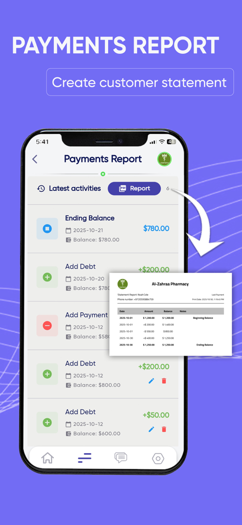 A mobile app interface displaying a payments report and an exportable professional customer statement PDF.