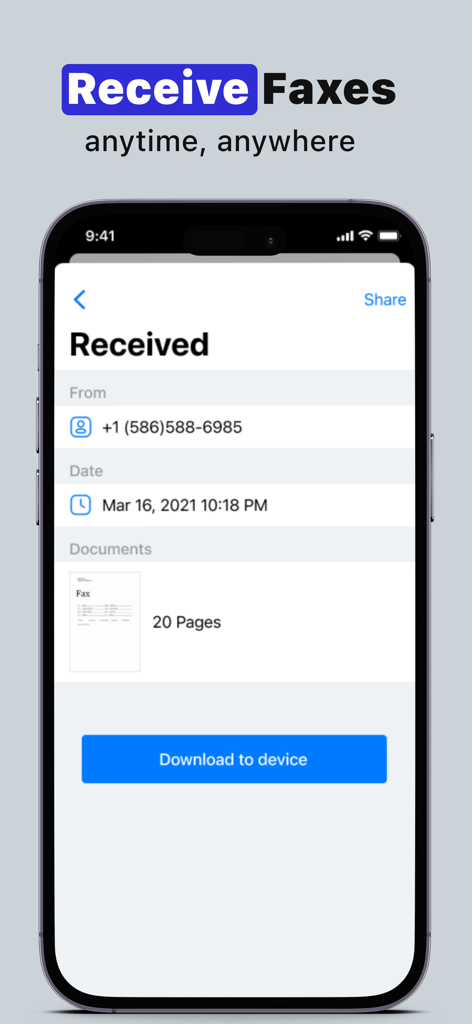 A mobile app interface displaying a received fax from a phone number with a download button