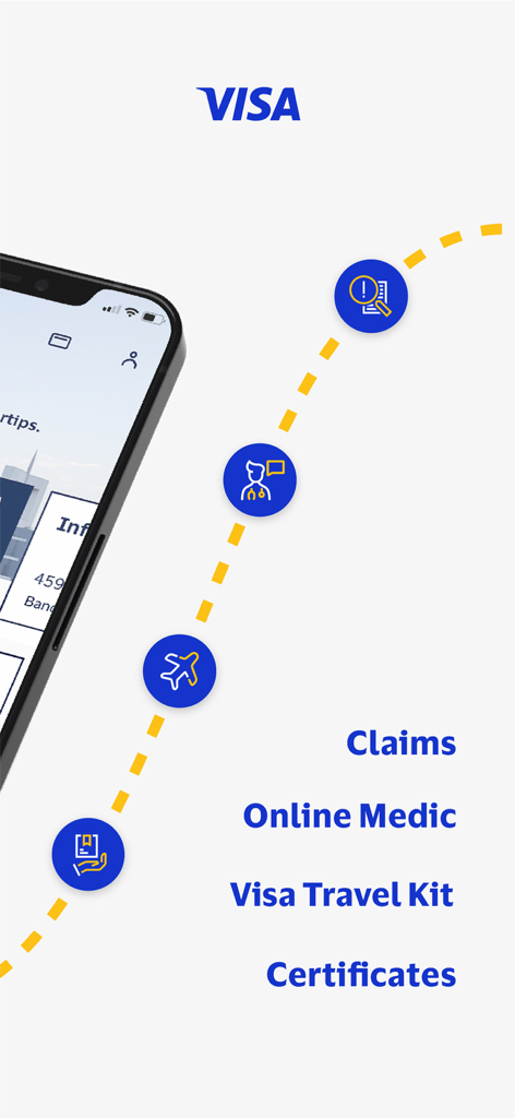 Promotional screen of the Visa Benefits app highlighting features such as Claims, Online Medic, Travel Kit, and Certificates.