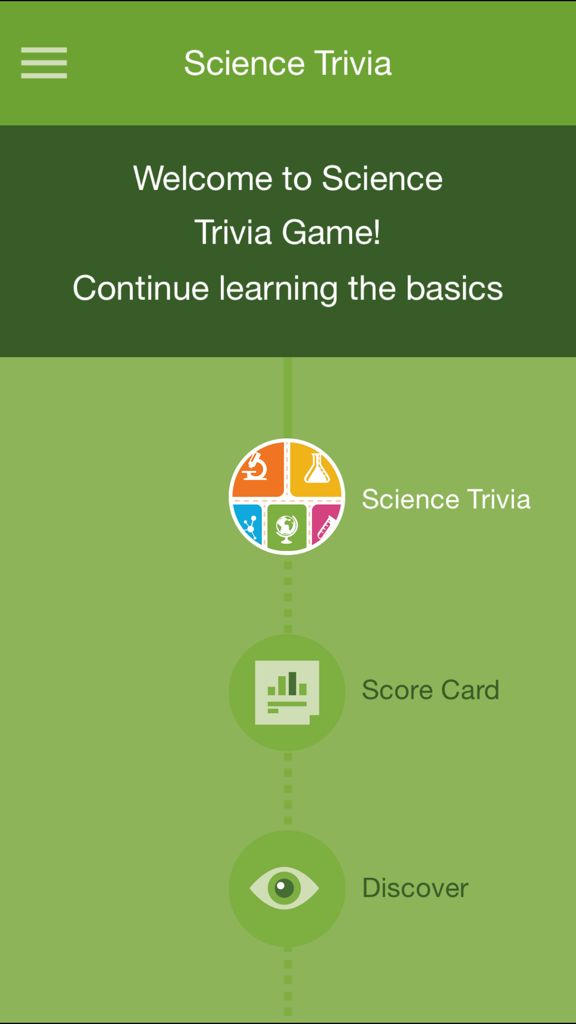Science Trivia - Home screen of the Science Trivia app featuring menu icons for science trivia score cards and discovery.