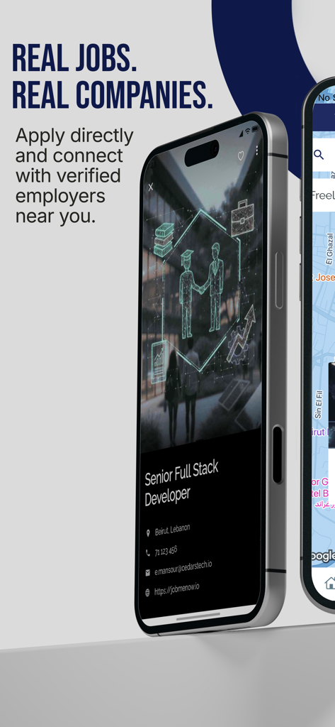 Job Me Now - Find your job - Smartphone screen of the Job Me Now app displaying a verified job posting for a Senior Full Stack Developer.