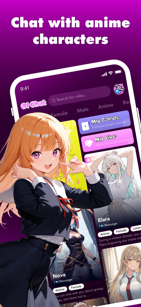 Main screen of Hana AI app featuring various anime style characters to chat with