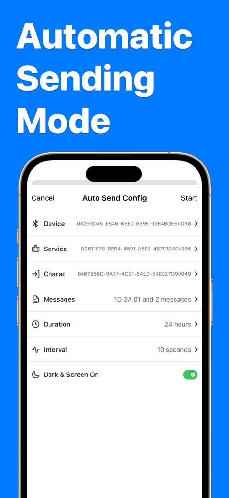 Interface of the Bluetooth Debugger app showing Auto Send Config settings for automated message transmission between BLE devices.