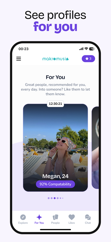 makromusic Dating for Spotify - User profile on makromusic dating app showing high music compatibility