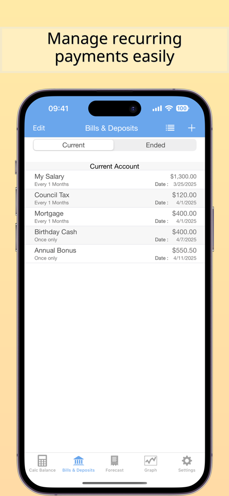 Interfaz para gestionar facturas y depósitos recurrentes en la aplicación Balance Guide.