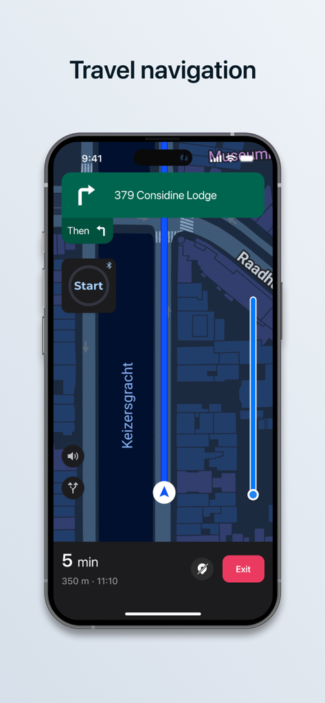 Tenways - Tenways App-Oberfläche zeigt urbane Navigationsansicht mit dunkler Karte und Abbiegehinweisen für das Pendeln mit dem E-Bike.