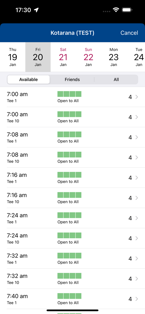 My Scottish Golf - Tee time booking screen in the My Scottish Golf app showing available slots and dates