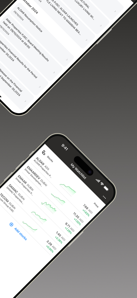 Aldar Investor Relations app watchlist displaying stock prices and performance graphs
