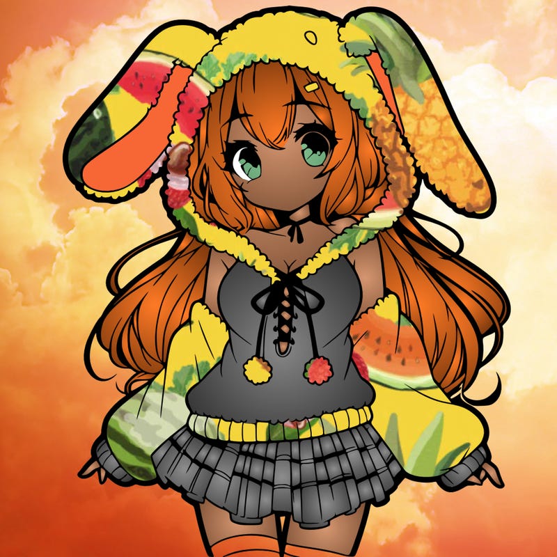 pretty anime girl wearing a fluffy hoodie with bunny ears on the hood and a skirt