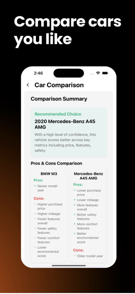 Fleet - Your Auto Marketplace - Interface d'application mobile pour Fleet montrant une comparaison de voitures entre une BMW et une Mercedes