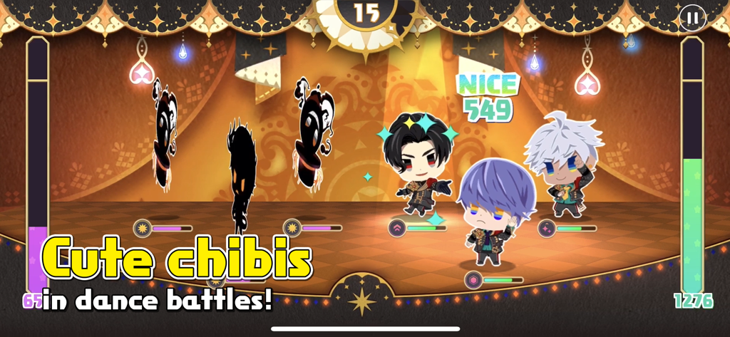 Chibi anime characters participating in a dance battle gameplay scene