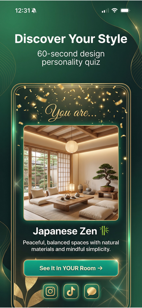 AI Room Design: Home Redesign - Aplicación de diseño de interiores con IA que muestra el resultado de un quiz de estilo Zen japonés con un diseño de habitación pacífico y equilibrado