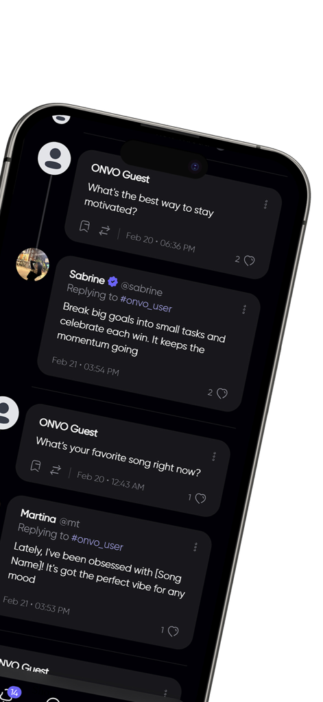 ONVO app screenshot showing a feed of user questions and answers about music and motivation