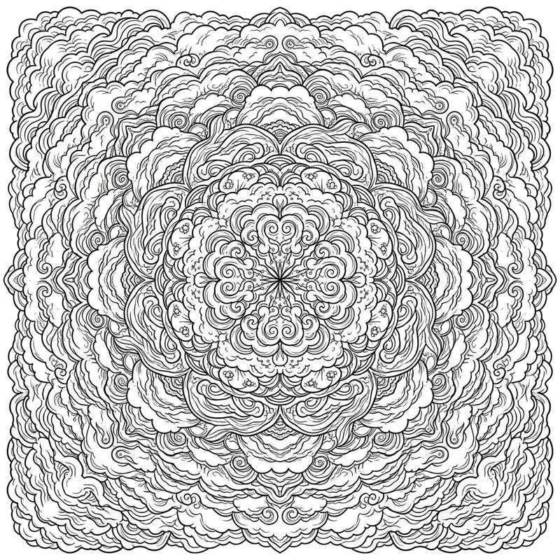 Explore a mesmerizing Altostratus Clouds Mandala coloring page, where intricate cloud formations create a tranquil, symmetrical design. This unique template offers a calming artistic escape for colorists of all skill levels.
