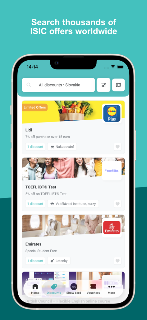 Una captura de pantalla de la interfaz de la app ISIC que muestra una lista de descuentos para estudiantes y ofertas globales de marcas como Lidl y Emirates.