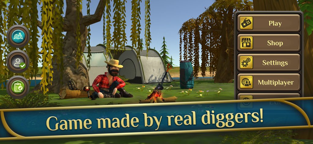 Treasure Hunter World - Main menu screen of Treasure Hunter World featuring a treasure hunter character at a campsite with a metal detector and campfire
