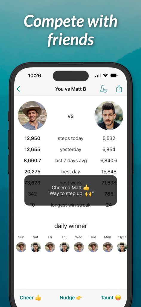 StepUp app screen showing a step competition between friends with options to cheer or taunt