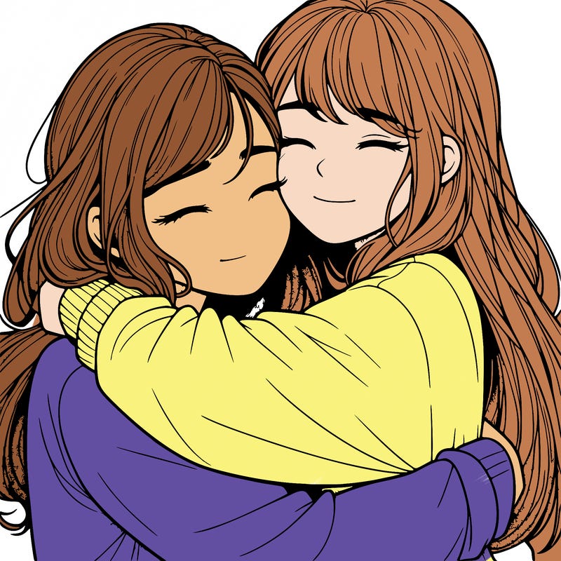 realistic two girls hugging