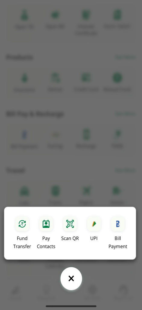 Quick actions menu in the KVB DLite app featuring options for fund transfer UPI and bill payments