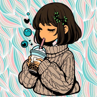 manga girl drinking boba in cozy sweater