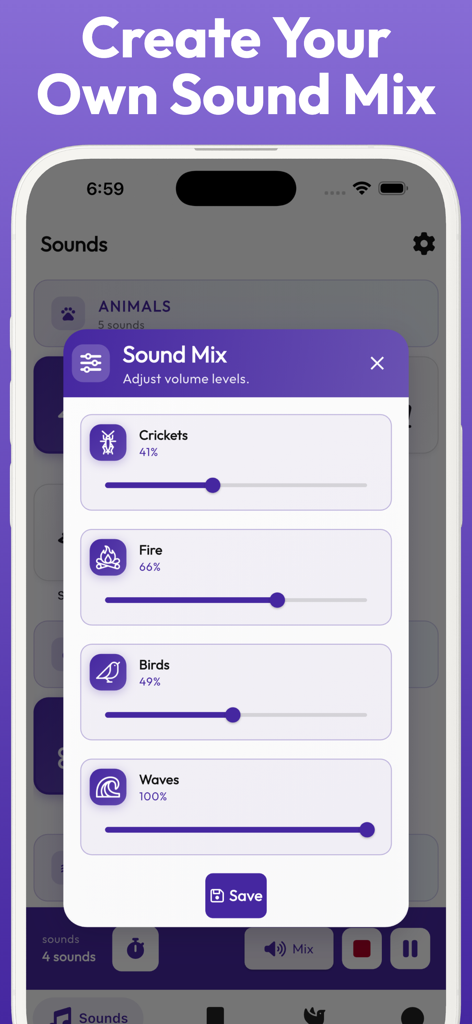 Tinnitus Sound Therapy RngAway - Interfaz de la aplicación RingAway que muestra controles deslizantes de volumen para mezclar terapia de sonido personalizada que incluye grillos, pájaros y olas