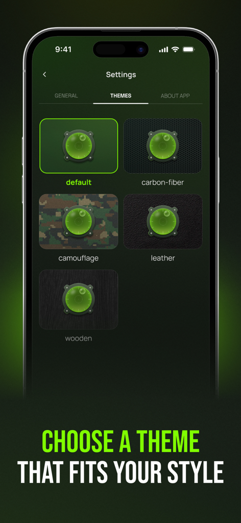 Level Tool: Bubble Leveler Pro - Theme settings screen in the Bubble Leveler Pro app showing various tool styles like carbon fiber and camouflage