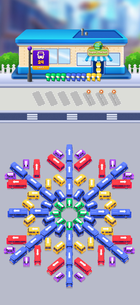 Car Escape: Traffic Jam Puzzle - Un colorido acertijo de atasco de tráfico circular con pasajeros esperando en una parada de autobús.