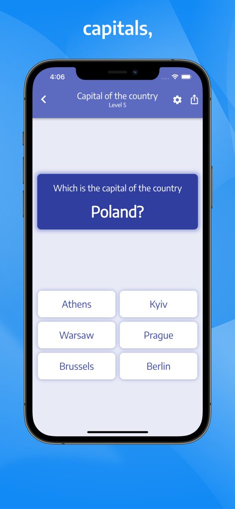 Mobile App-Screenshot, der eine Geografie-Quiz-Frage zur Hauptstadt Polens zeigt