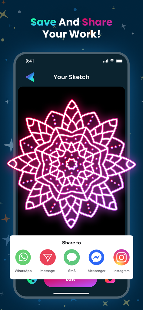A pink glowing mandala displayed on a phone screen with social media sharing icons below it