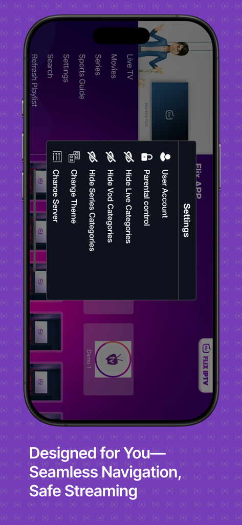 Flix IPTV – m3u IPTV Player - Flix IPTV Einstellungsmenü mit Optionen für Kindersicherung und Inhaltsfilterung auf einem iPhone