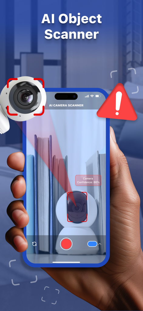 RF Bug Detector: Secret Detect - A smartphone using an AI object scanner to detect a hidden camera with an alert warning icon