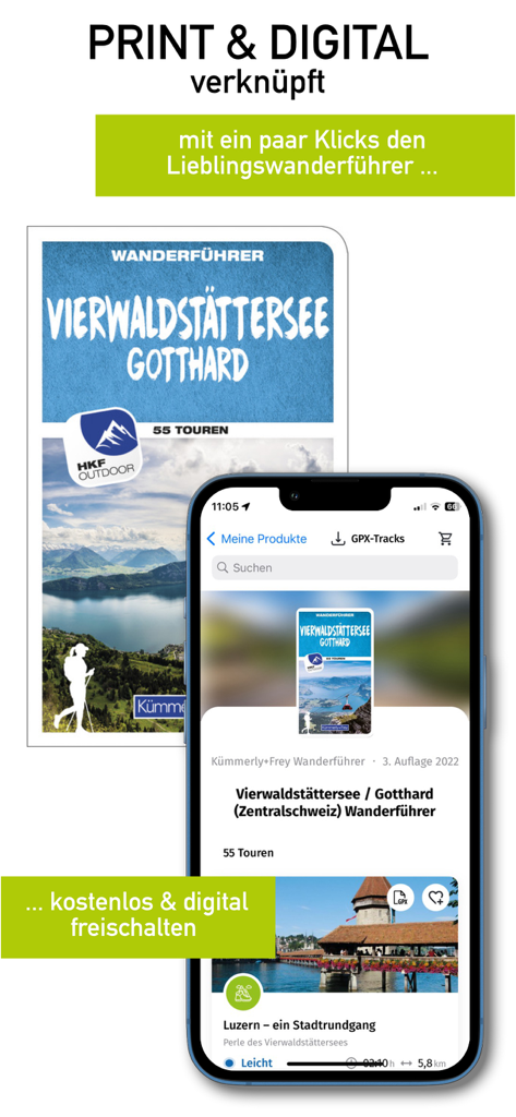 HKF Outdoor Mobile App-Oberfläche, die die digitale Aktivierung eines physischen Schweizer Wanderführers zeigt.