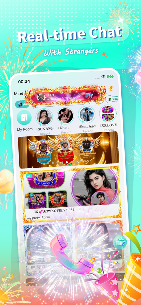 Gameta app interface showing real-time voice chat rooms and social interaction features