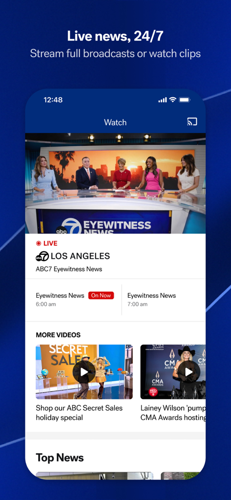 ABC7 Los Angeles - ABC7 Los Angeles mobile app interface showing live news streaming and video highlights