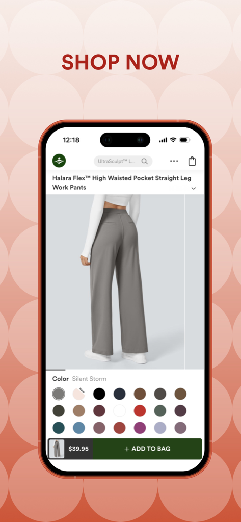 Halara app product page showing high waisted pocket straight leg work pants with various color options and price.