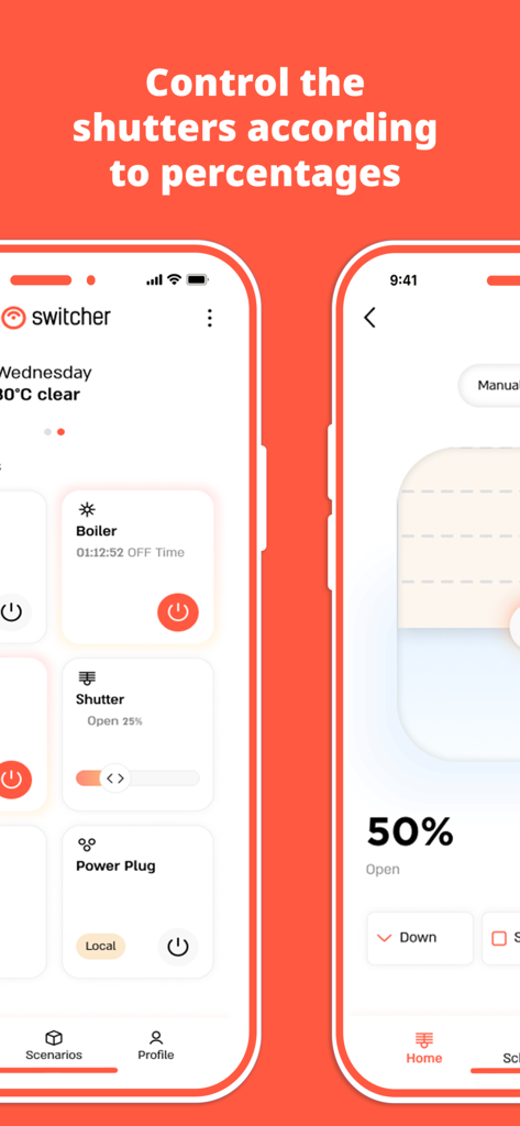 Switcher - Smart Home - Smartphone que muestra la interfaz de la aplicación Switcher para una gestión precisa de persianas inteligentes por porcentaje.