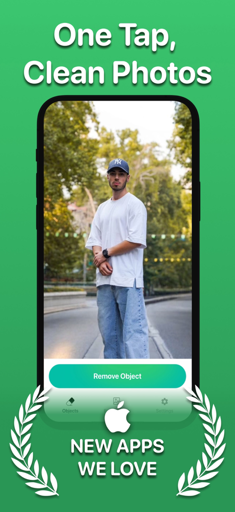 Erase Objects: Remove People - A smartphone screen displaying the Erase Objects app interface with a photo and a button to remove objects
