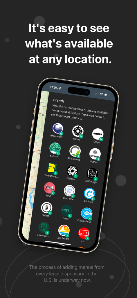 BudWatcher app screen showing cannabis brands and the number of available products at a specific dispensary location