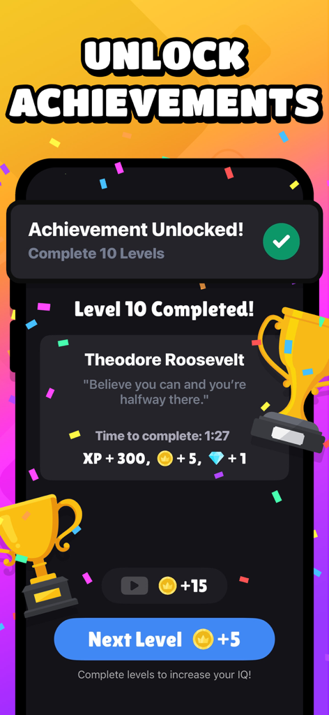 Una captura de pantalla del juego de puzles de palabras Cryptogram que muestra un nivel completado con un logro desbloqueado y una cita motivacional.