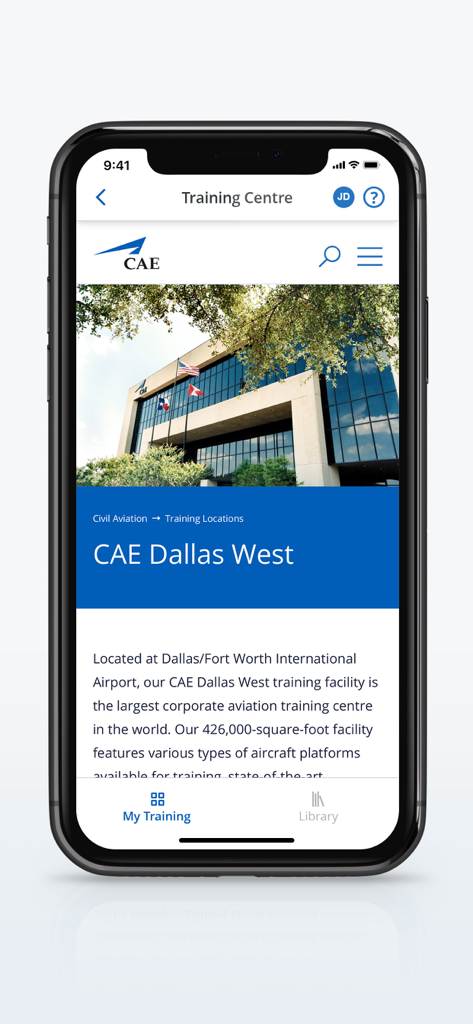 CAE Crew Training App Bildschirm mit Details zur Luftfahrtschulungsstätte Dallas West