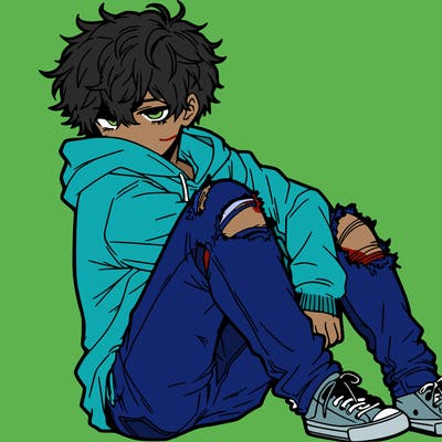 a male hoddie ripped jeans messy hair anime
