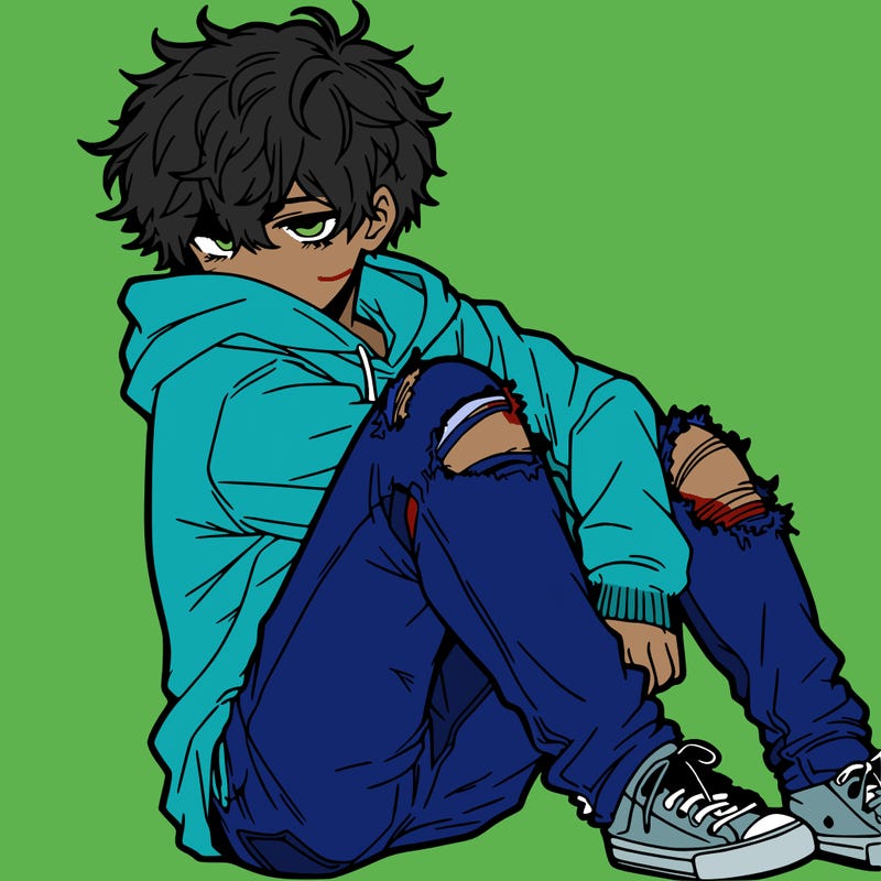 a male hoddie ripped jeans messy hair anime