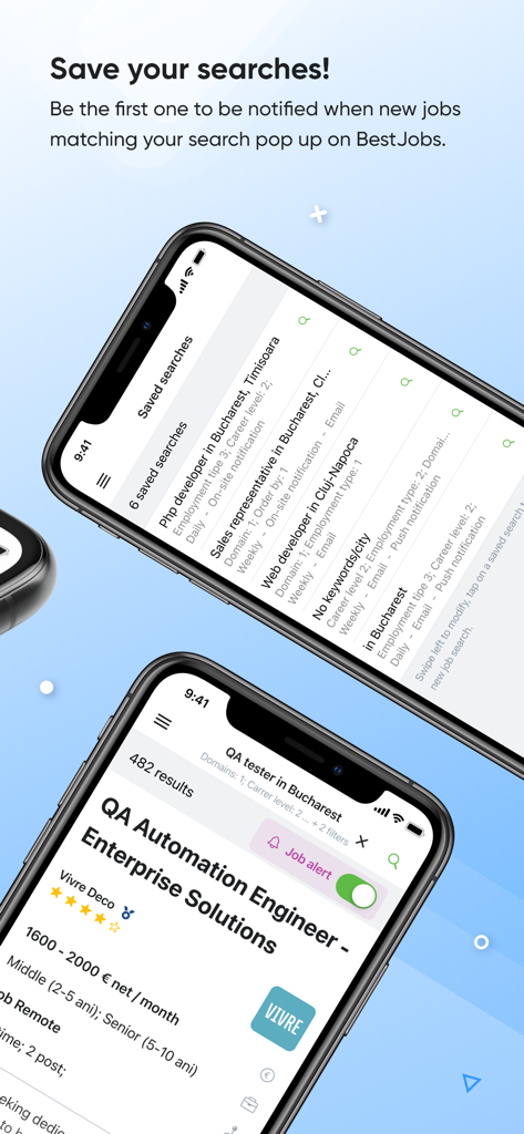 bestjobs - Pantallas móviles de la aplicación bestjobs que muestran búsquedas de empleo guardadas y un interruptor para alertas de empleo.