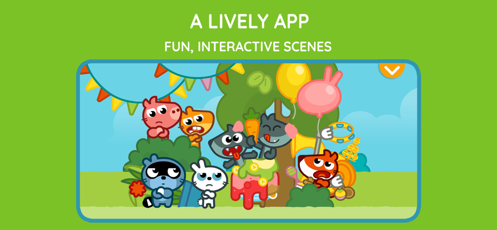 A group of colorful cartoon animal characters in a park scene from the Pango Kids educational app.